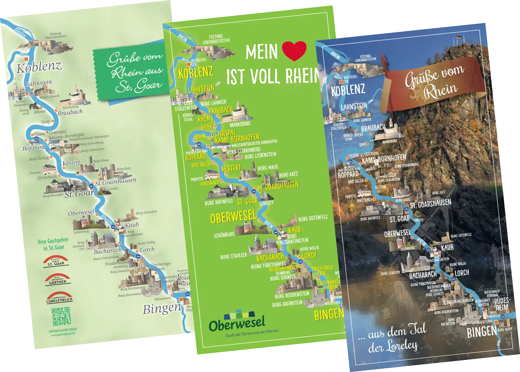 Postkarte mit Burgen am Rhein zwischen Bingen und Koblenz
